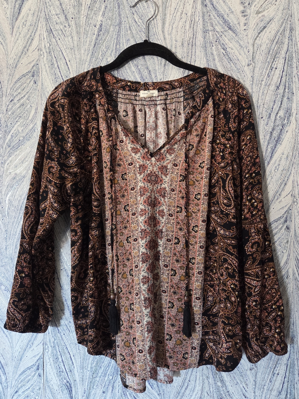 Boho V-Neck Paisley Blouse in Brown and Pink